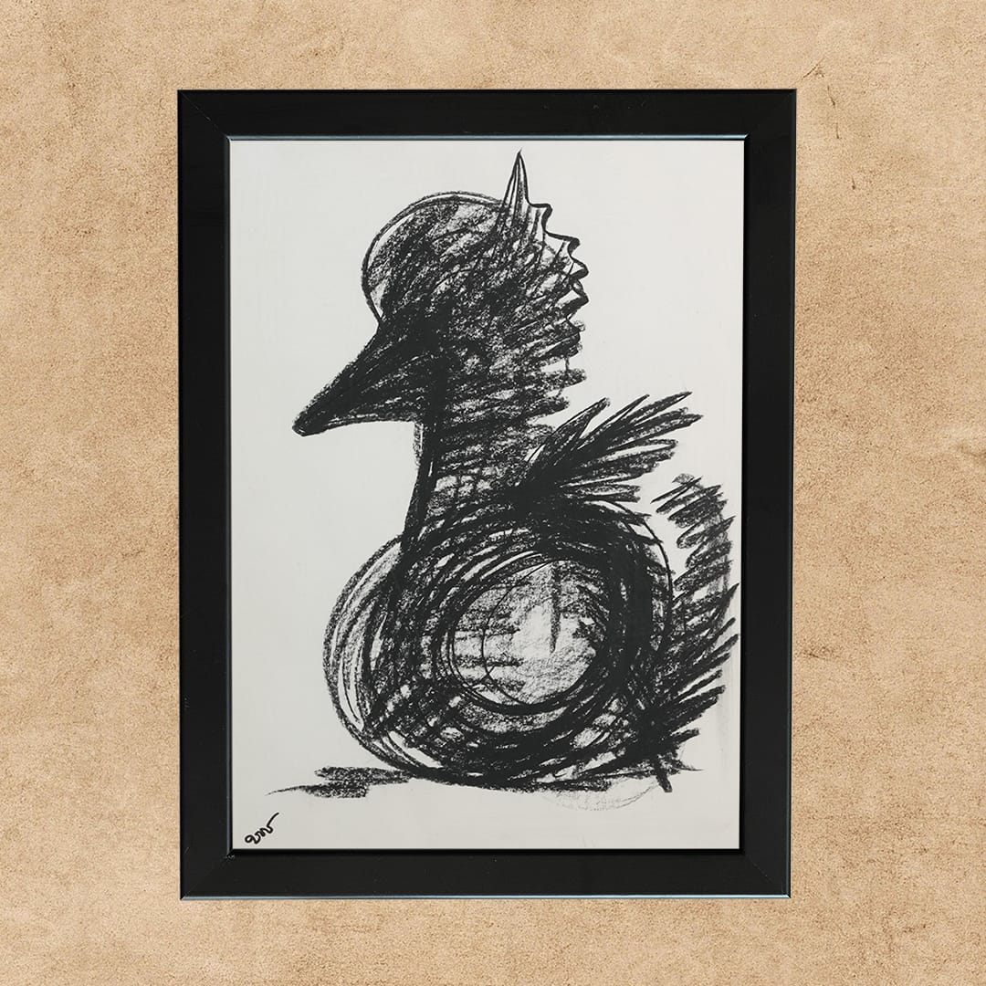 Bold black drawing of a seated bird